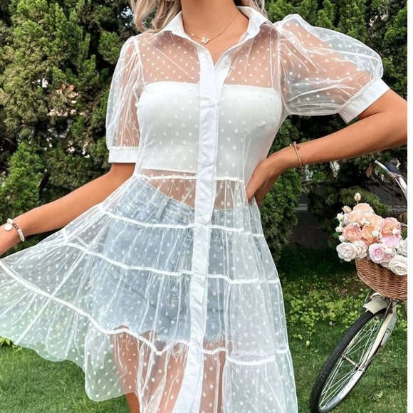 White Boho Womens Polka Dot Puff Sleeve Ruffle Hem Sheer Mesh Dress - Picture 4 of 4